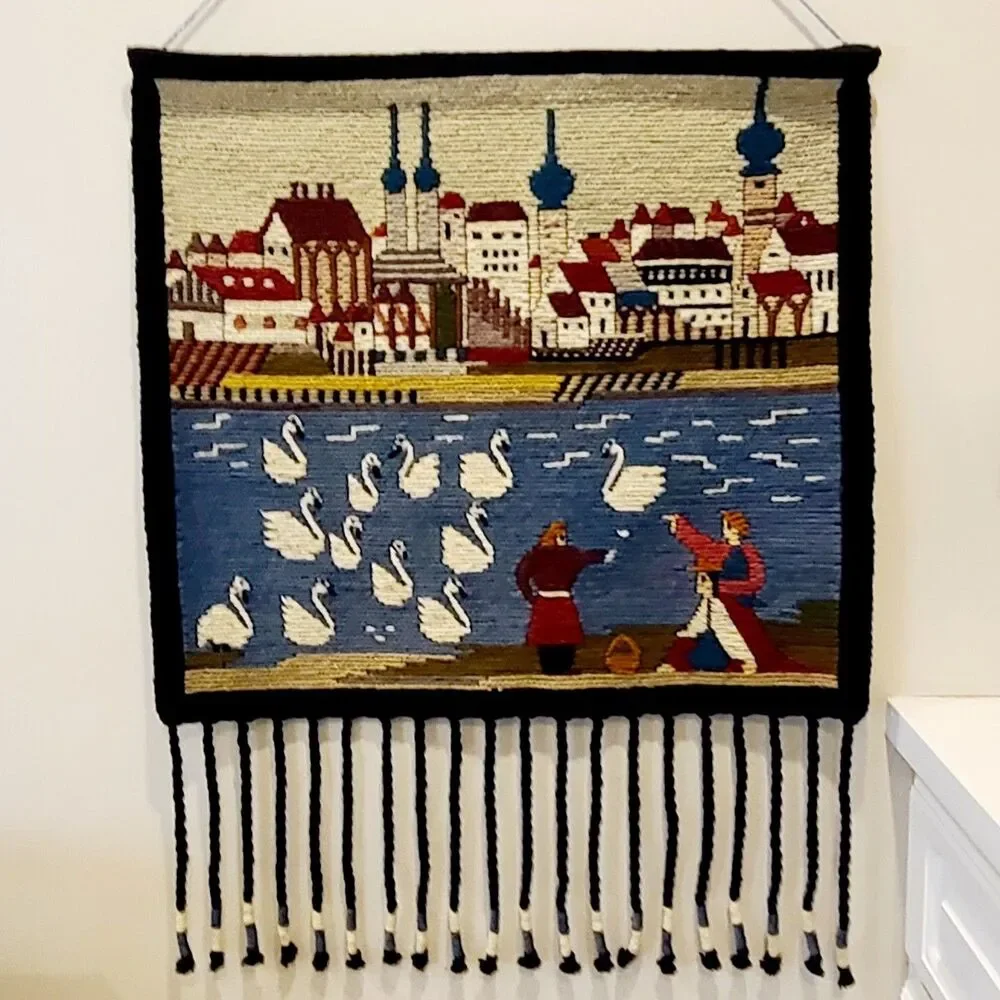 Vintage Handmade Folk Art Wool Wall Hanging Tapestry Swans Cityscape 25x23